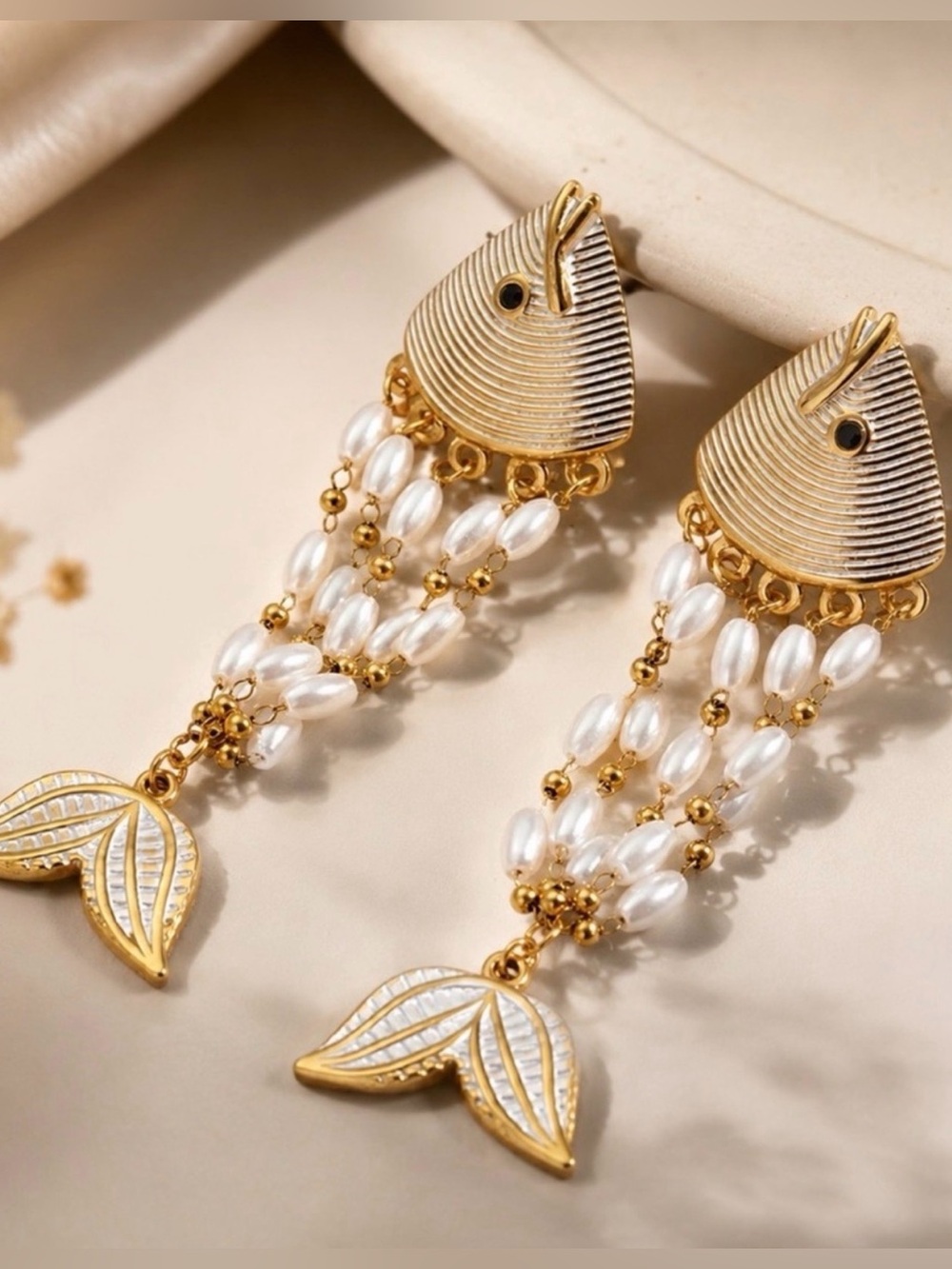 Gold Pearl Tassel Fish Drop Earrings